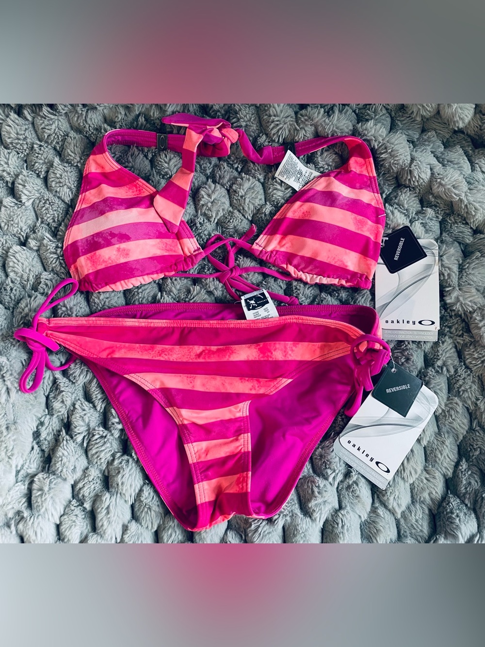 New w/ Tags! Pink Stripes Oakley Reversible Bikini Top & Bottom